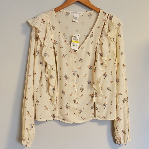 Planet Gold Shirt Women's Medium Ivory Chiffon Floral Long Sleeve Frill Shoulder - Picture 4 of 10